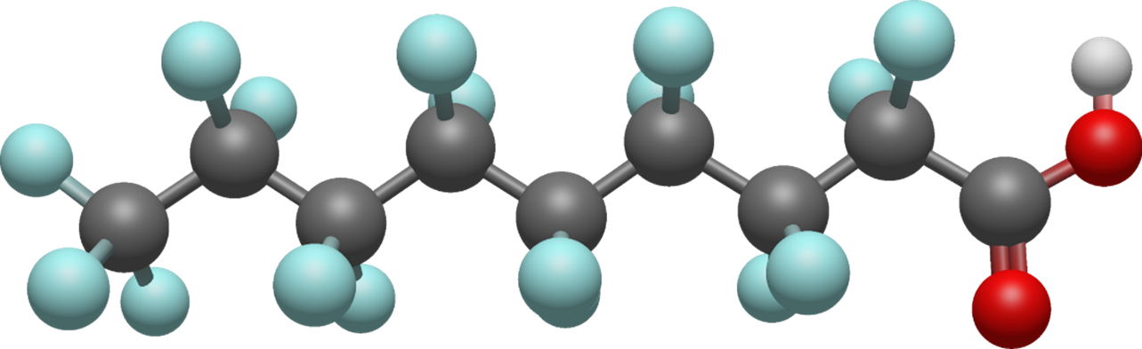 Molecular model of a long hydrocarbon chain ending in a carboxylic acid group; dark gray carbons, cyan hydrogens, red oxygens at the end.